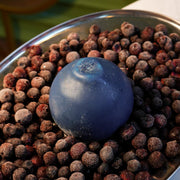 Modern 3D mousse dessert sculpted like a large blue berry sitting on a round biscuit base by Dessert Boutique.