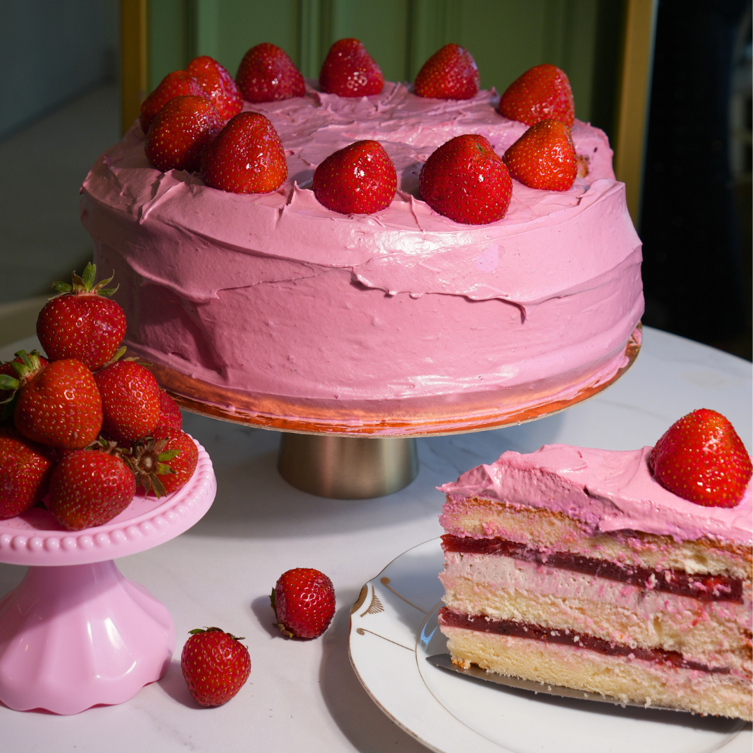 Pink Retro Birthday Cake with Strawberries
