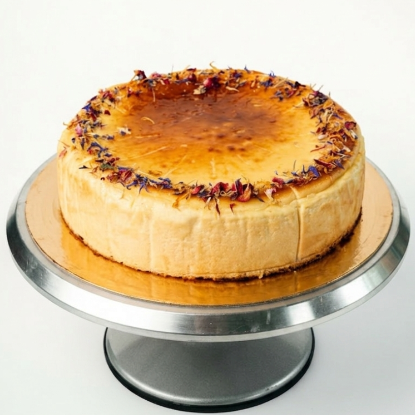 classic Basque cheesecake with dark caramelized surface and soft creamy interior on metal cake stand