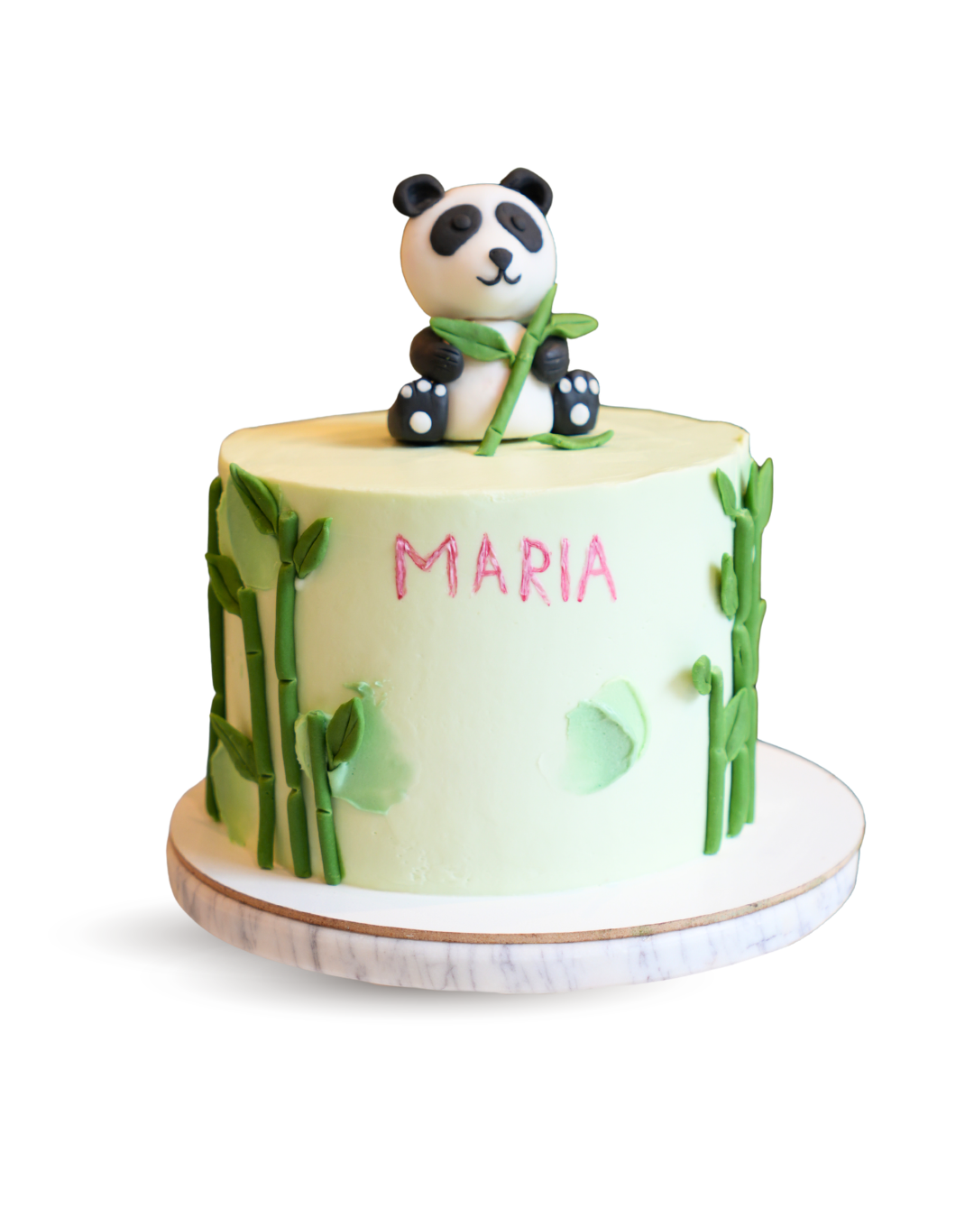 Light green birthday cake featuring a handmade sugar panda holding a bamboo stick, with the name Maria written on the front by Dessert Boutique.