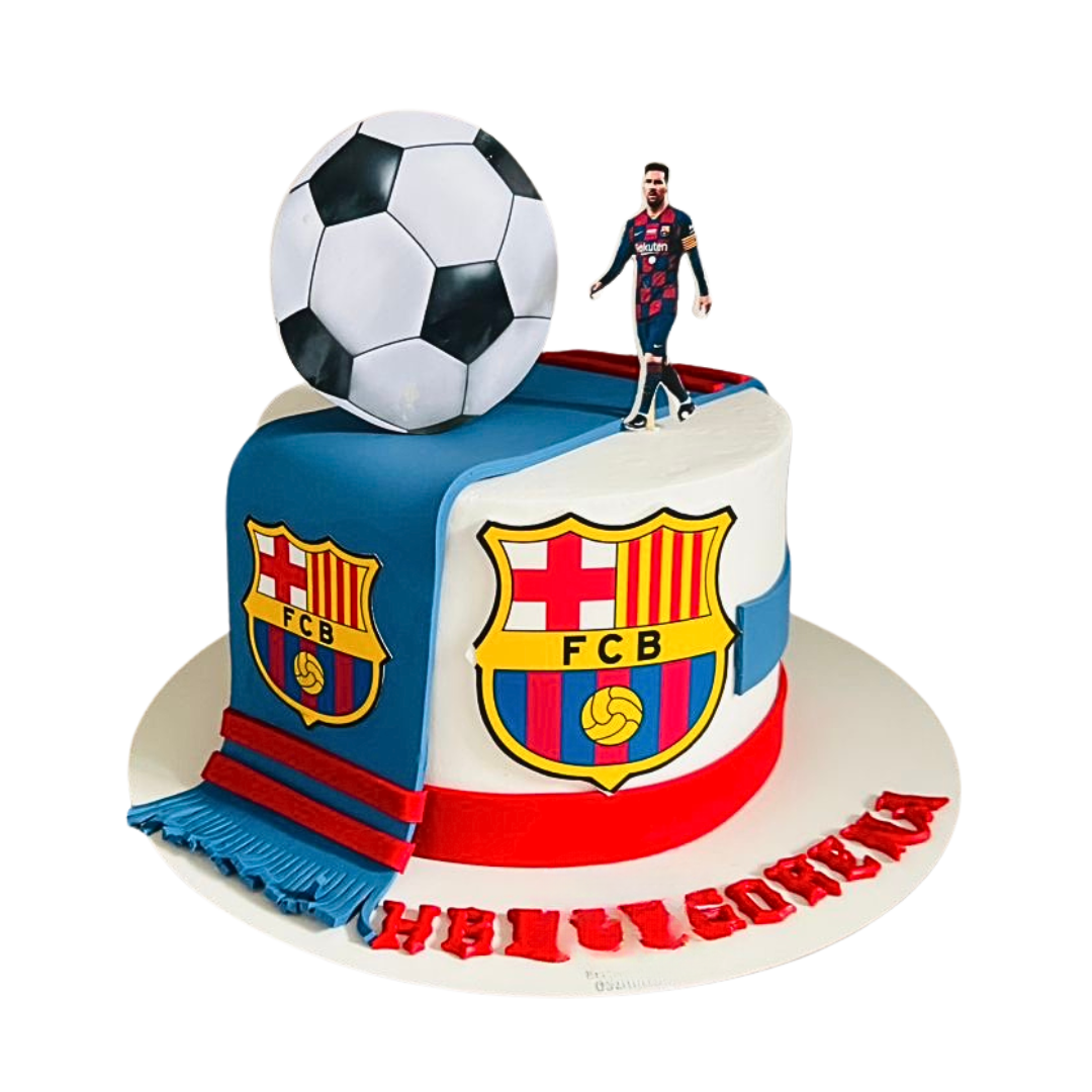 White round cake with FC Barcelona emblems, a blue and red fondant scarf, and a football on top. Dessert Boutique.