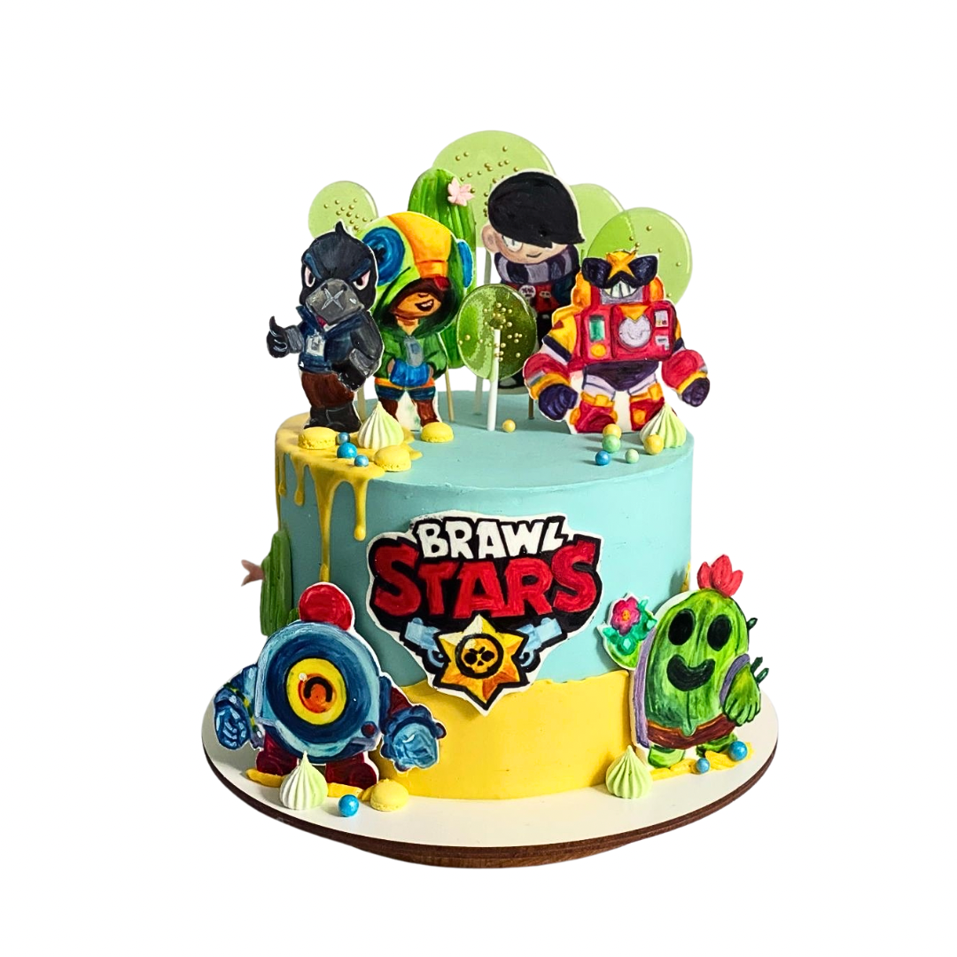 Blue and yellow cake decorated with Brawl Stars character cutouts, green lollipops, and a game logo. Dessert Boutique.