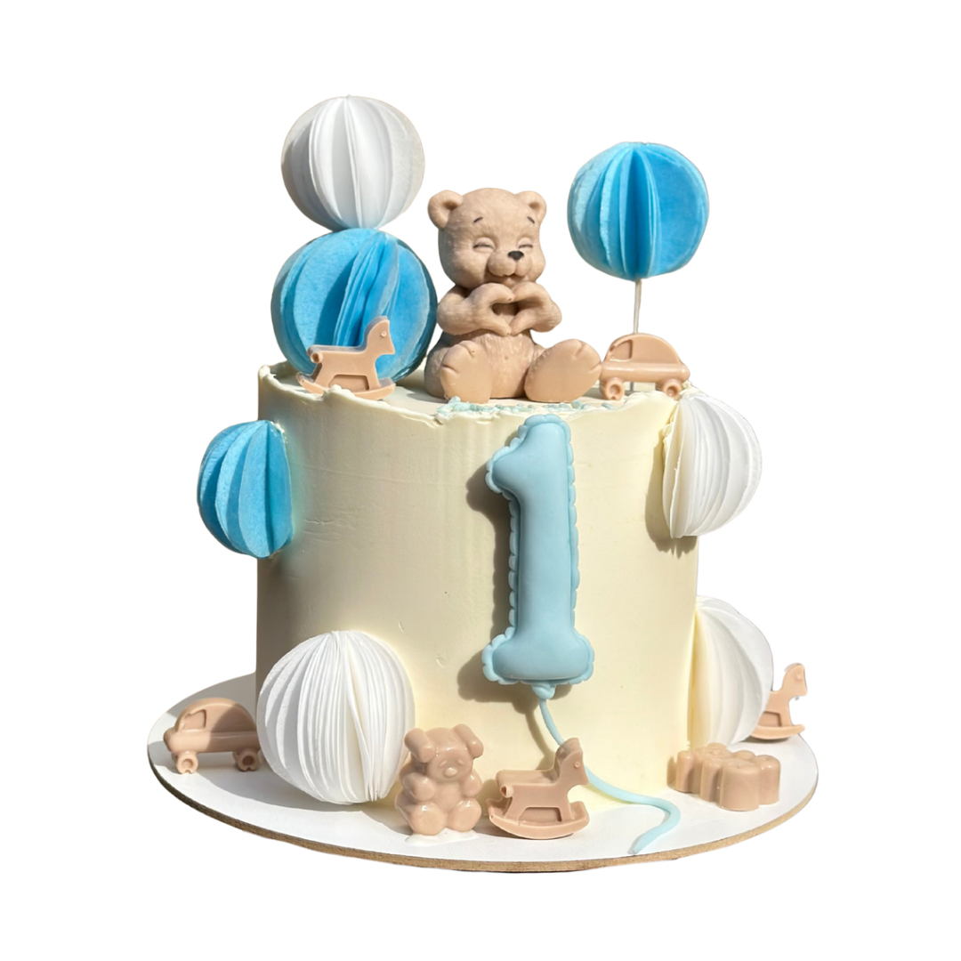 First Birthday Cake with Teddy Bear and Balloons