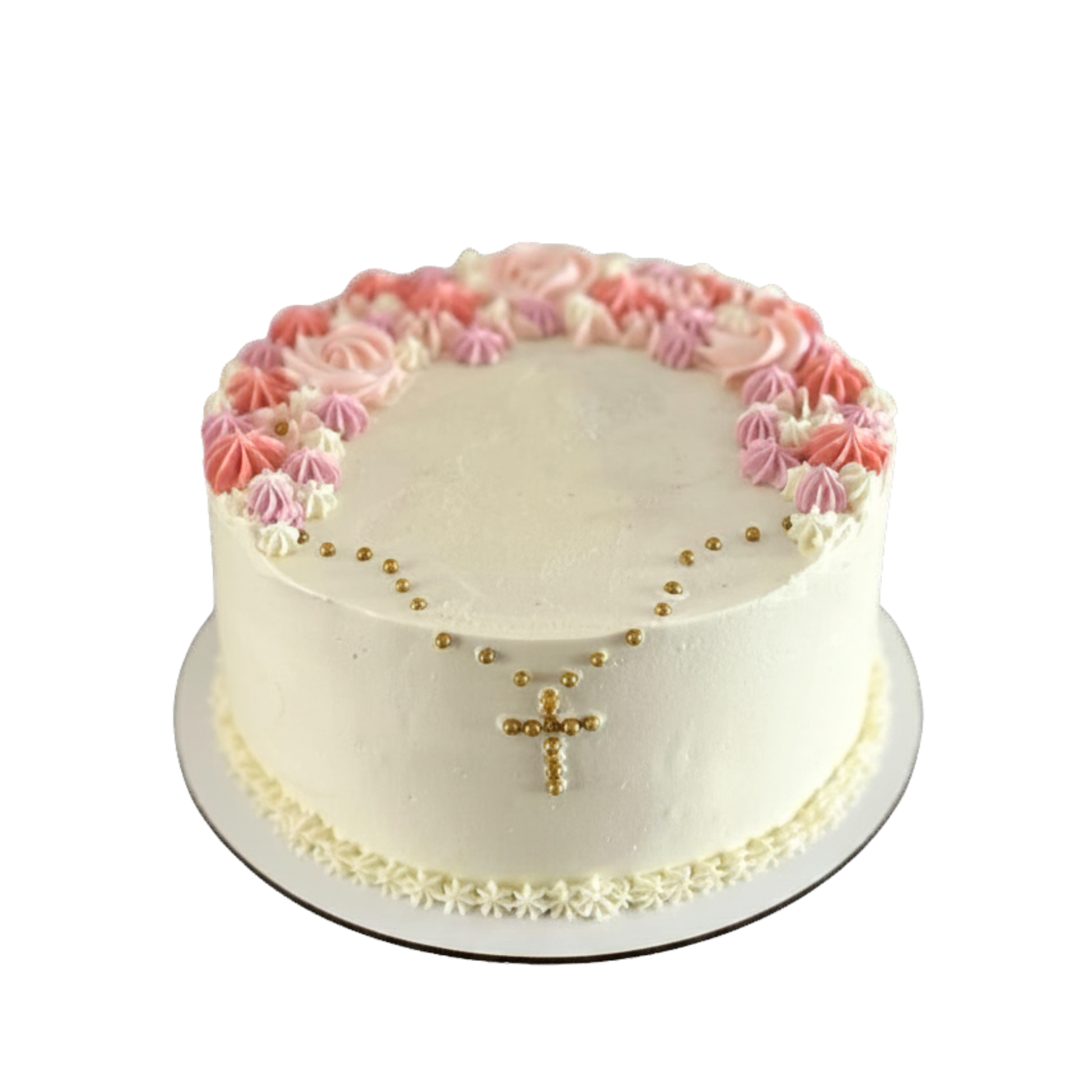 White cake with a gold bead cross design and a colorful border of pink, peach, and cream piped flowers.