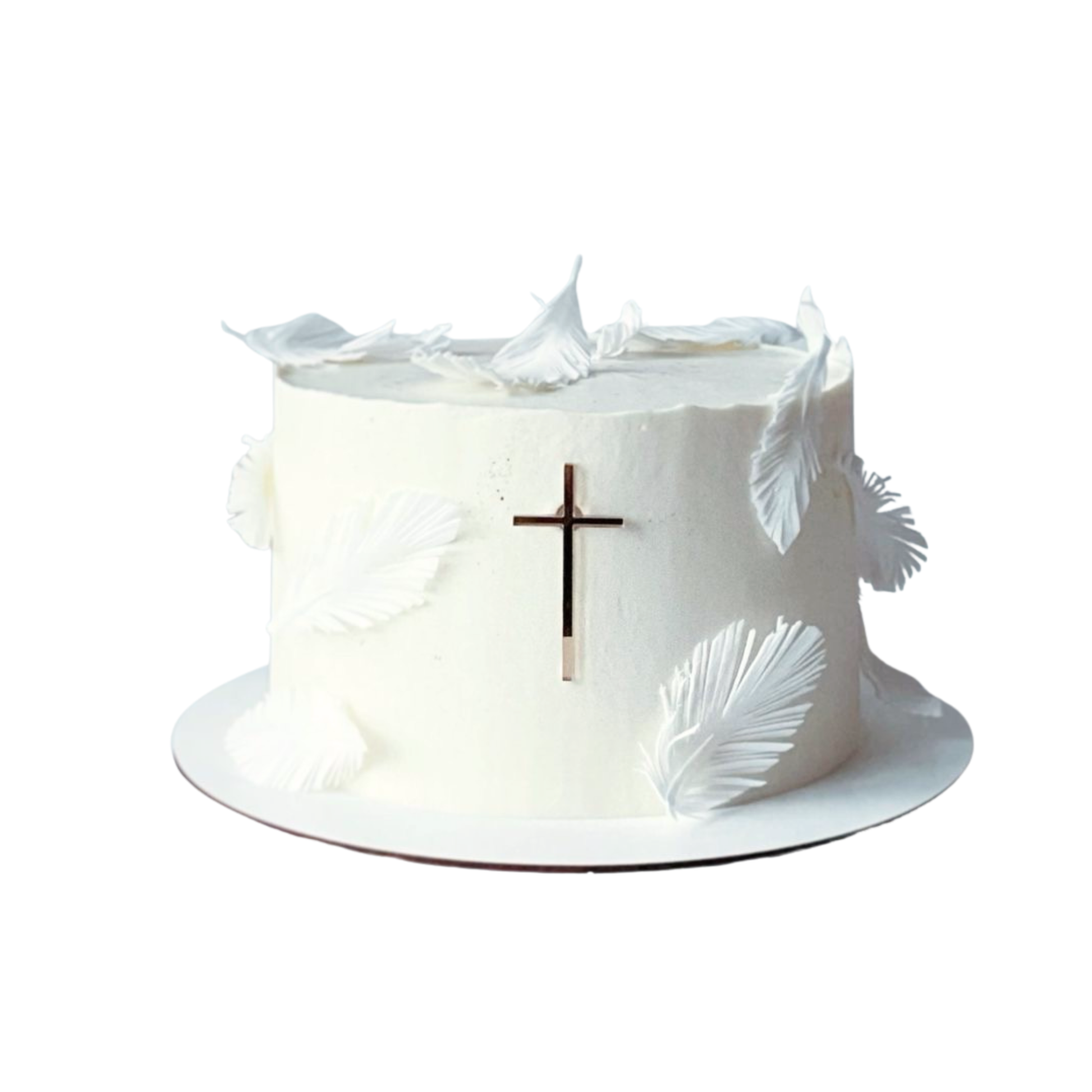 White Celebration Cake with Cross and Feathers