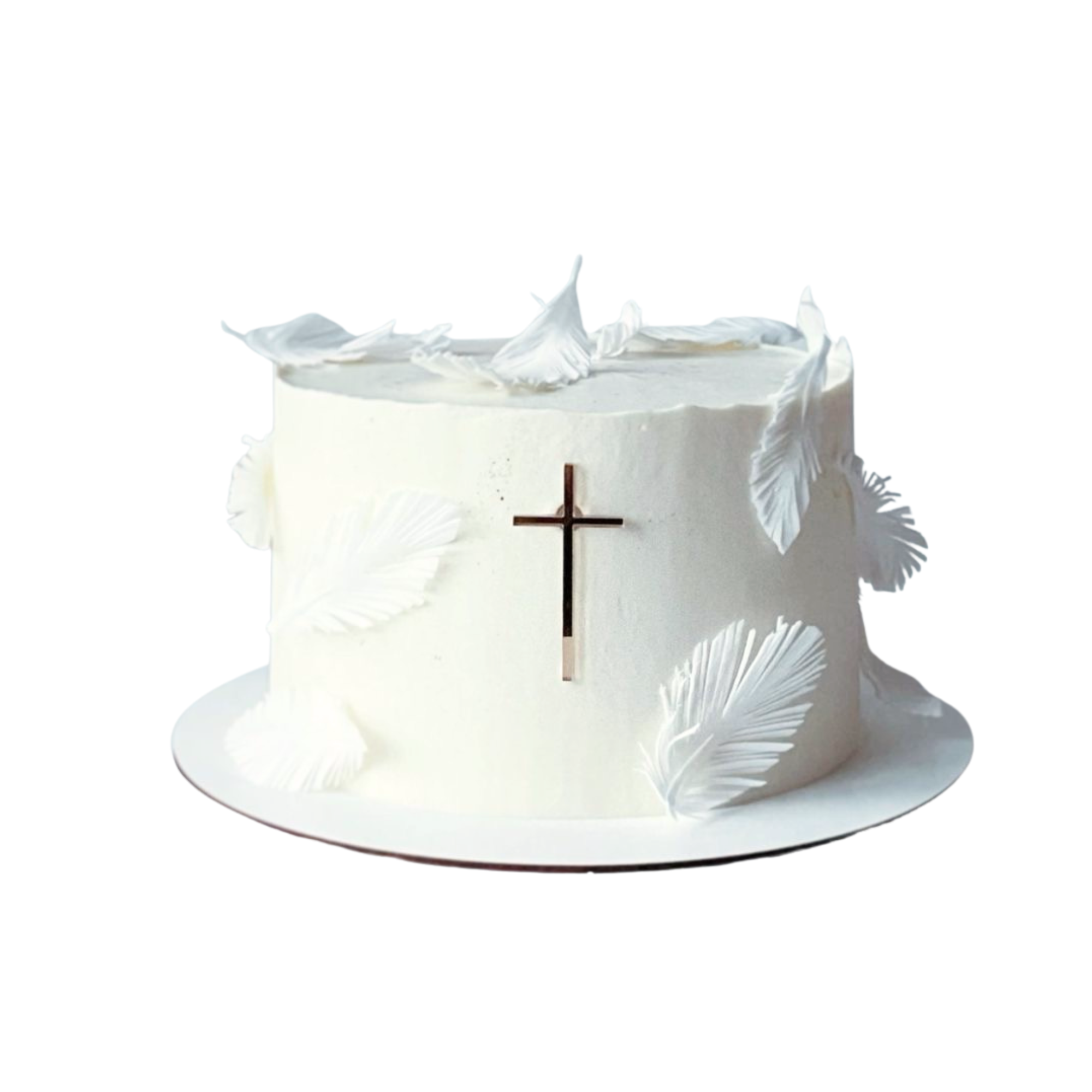 White Celebration Cake with Cross and Feathers
