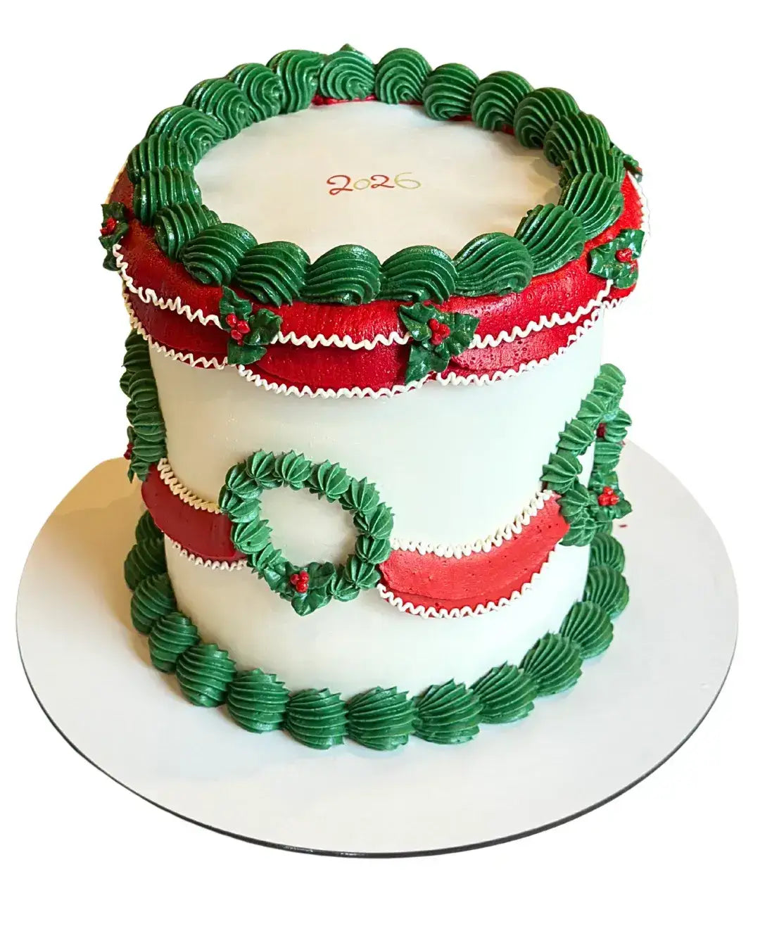 festive Lambeth cake with layered buttercream piping, holiday wreath motifs and classic red-green color scheme
