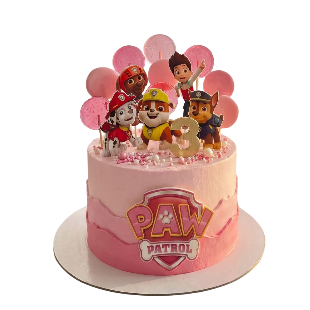 Pink gradient birthday cake decorated with Paw Patrol character cutouts, pink lollipops, and a gold number three. Dessert Boutique.