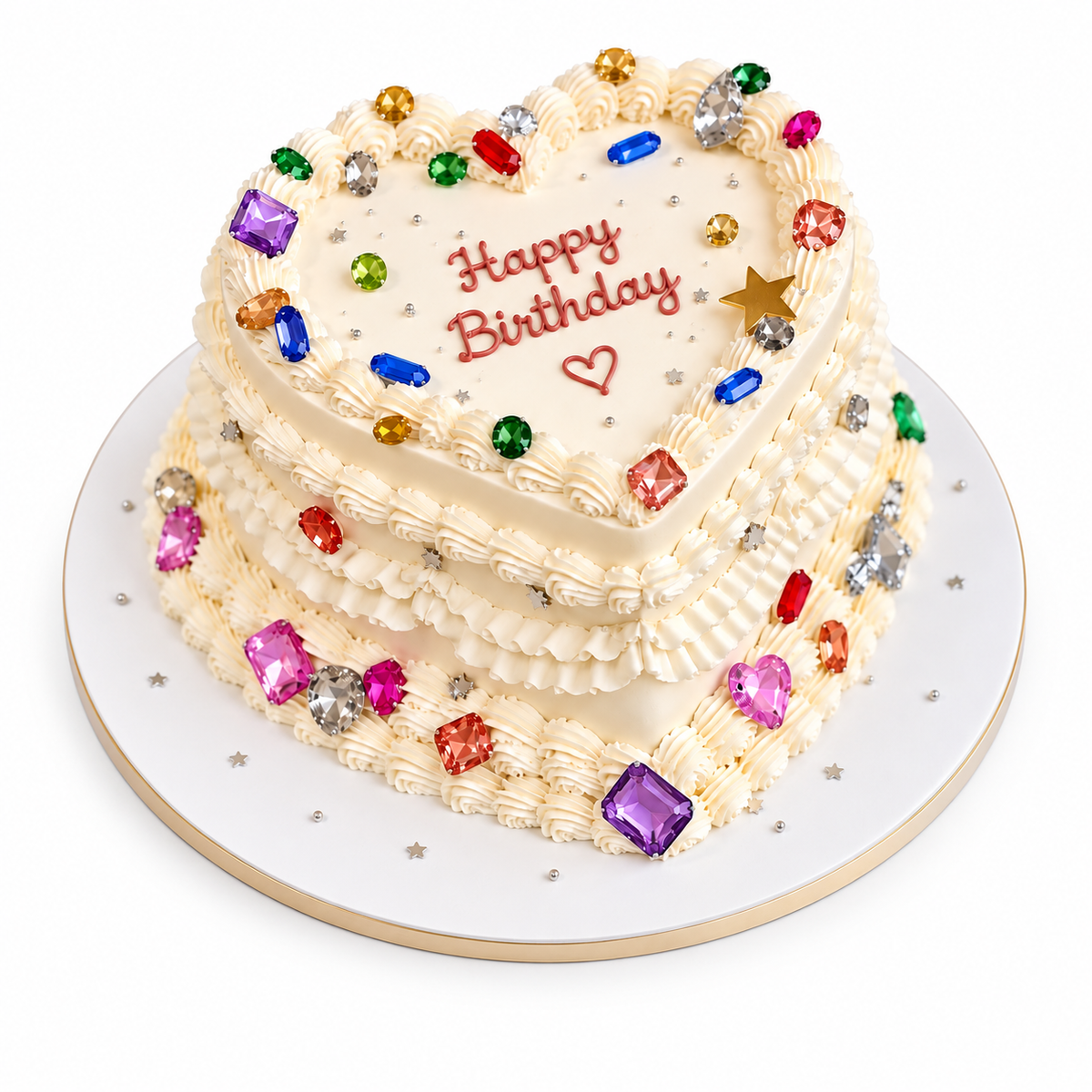 Two tiered heart-shaped cream birthday cake decorated with colorful sugar crystals