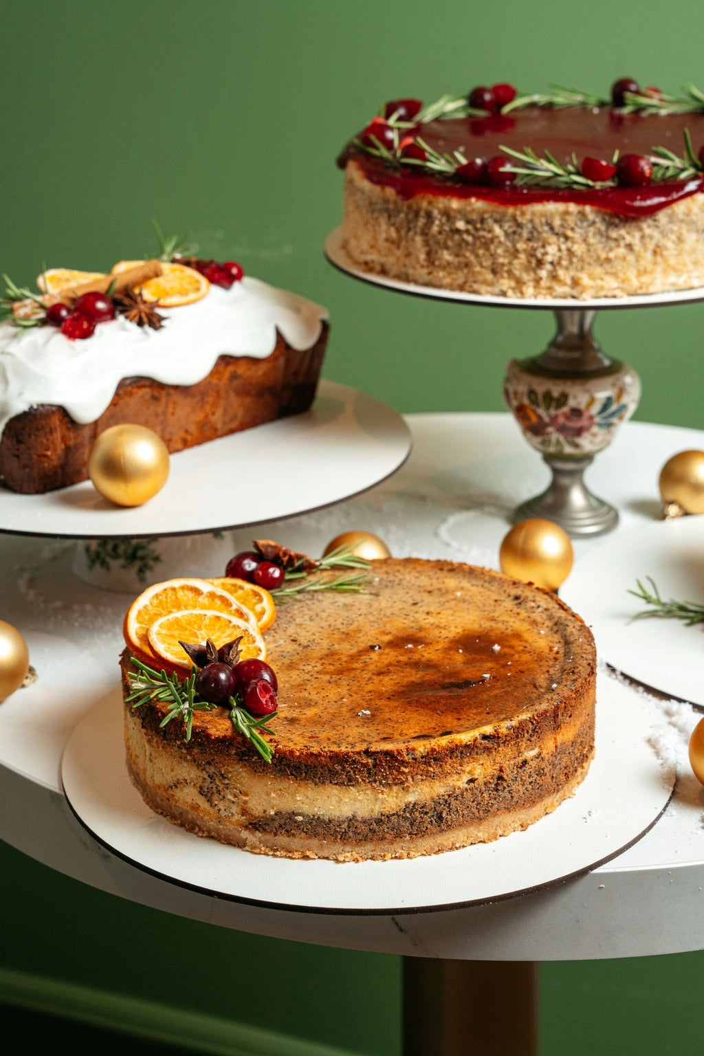 mini poppy seed cheesecake with lightly baked top, almond crust base and citrus garnish on christmas table 